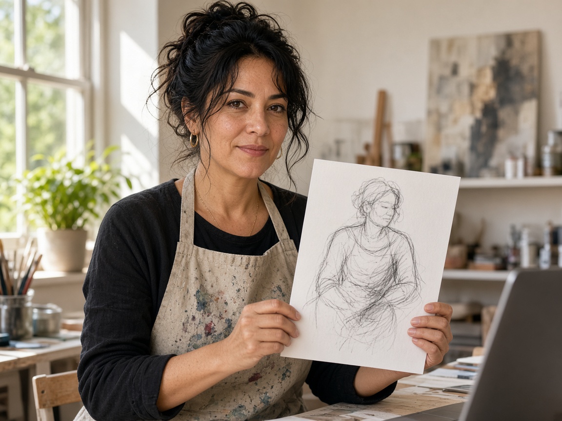 Art coach reviewing a sketch on a live video call in her studio