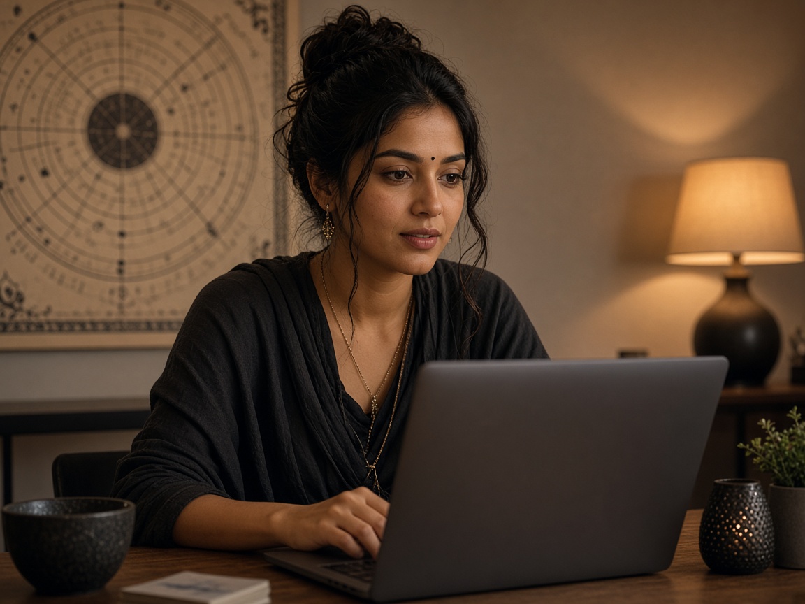 Astrology coach on a thoughtful evening video session