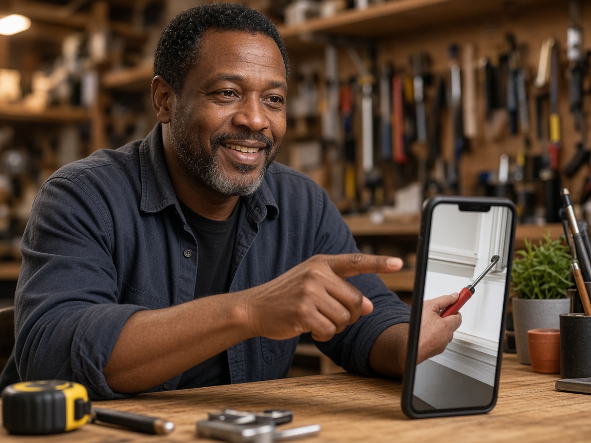 DIY home-repair coach advising from a workshop over video