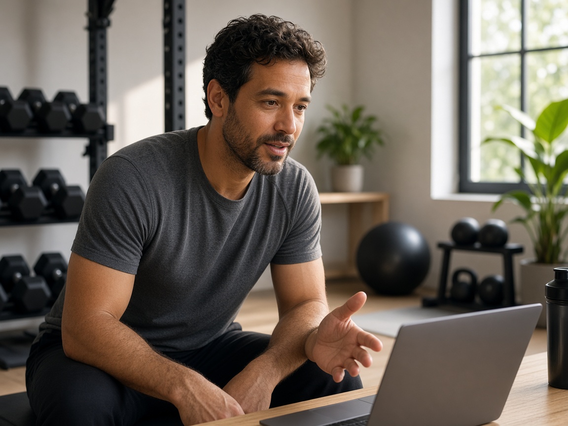 Personal trainer coaching form on a video call from a home gym