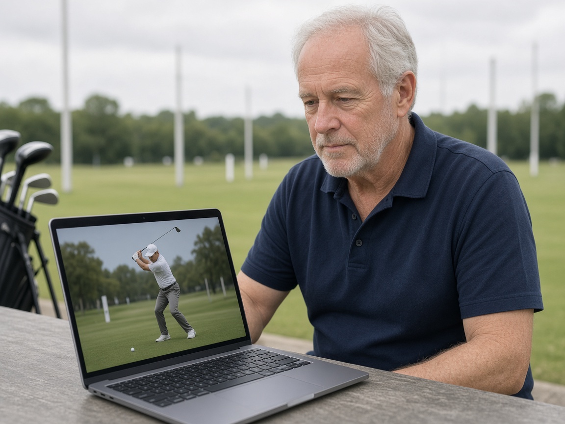 Golf coach reviewing a swing video near a practice range