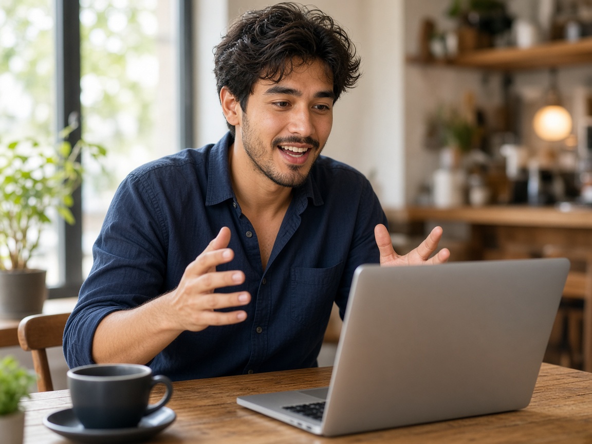Spanish conversation coach speaking energetically on a video call