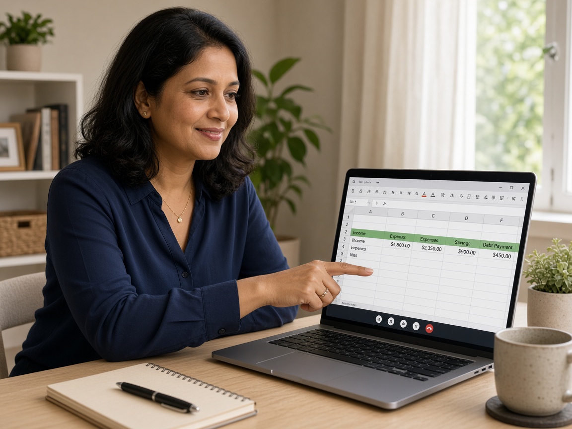 Financial coach reviewing a budget on a laptop video call