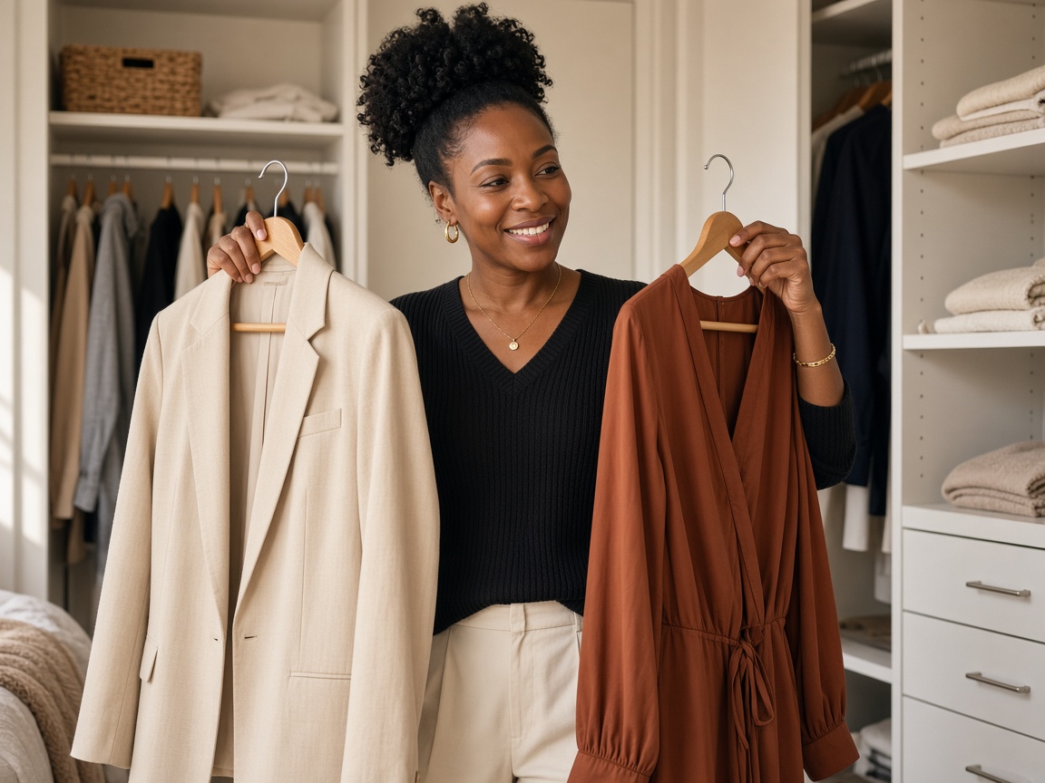 Personal stylist holding outfit options on a video call from a closet