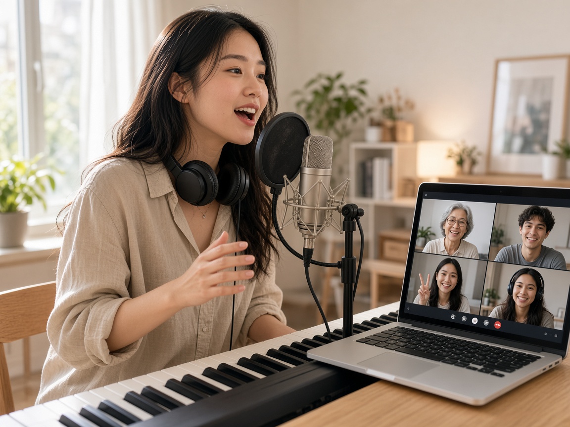 Voice coach singing at a keyboard during a live online lesson