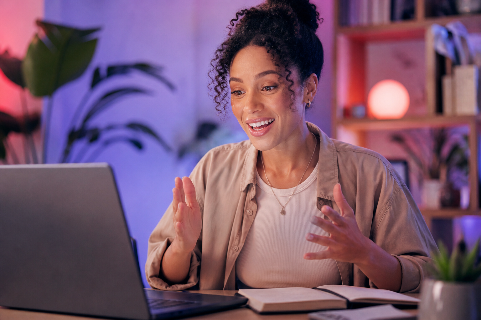 Independent coach leading an energetic live video session with a client
