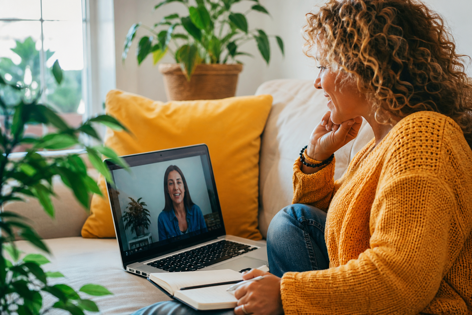 Life coach in a warm video conversation with a client at home
