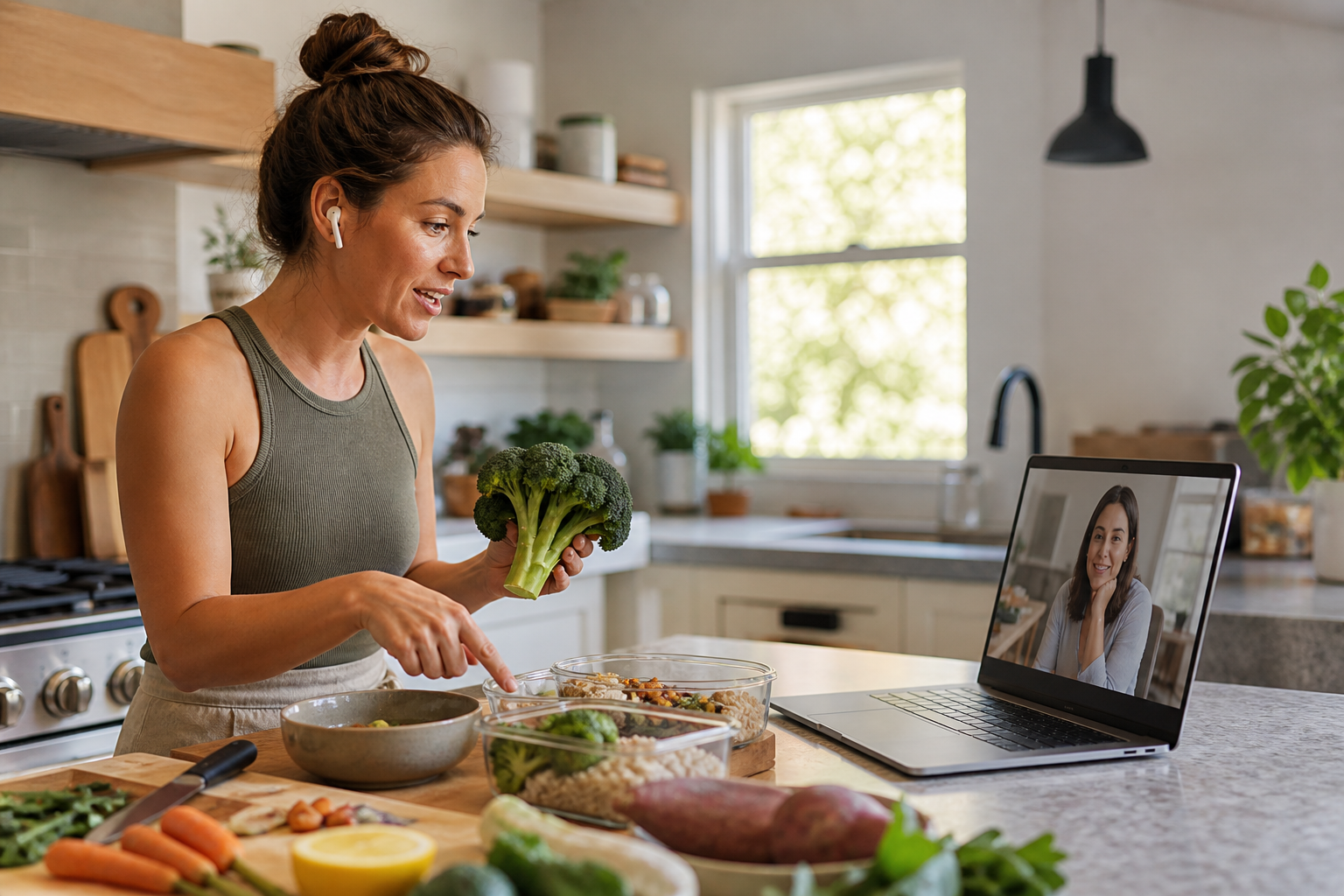 Nutrition coach on video helping a client plan meals at home