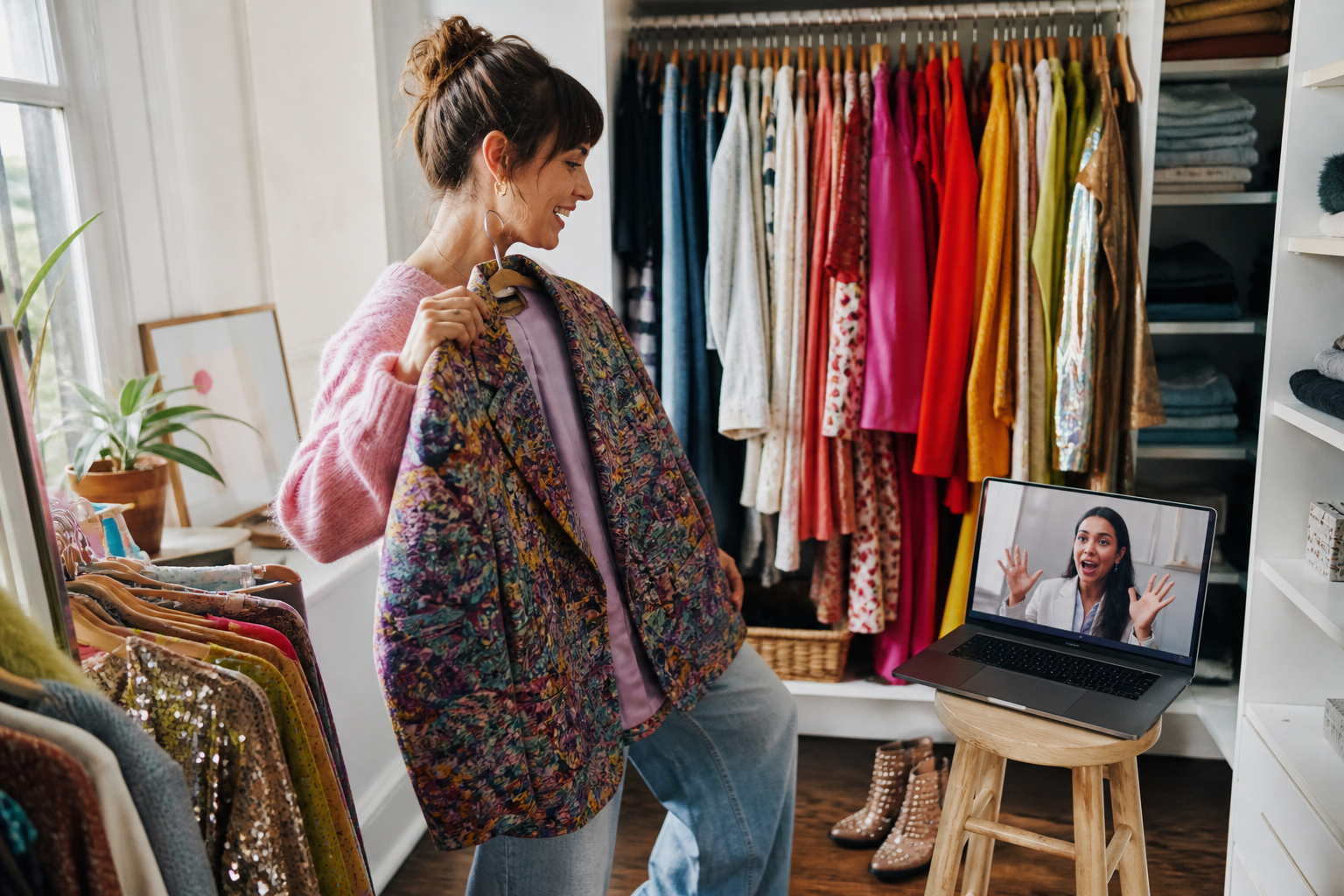 Stylist reviewing outfits with a client over a video call in a bedroom closet