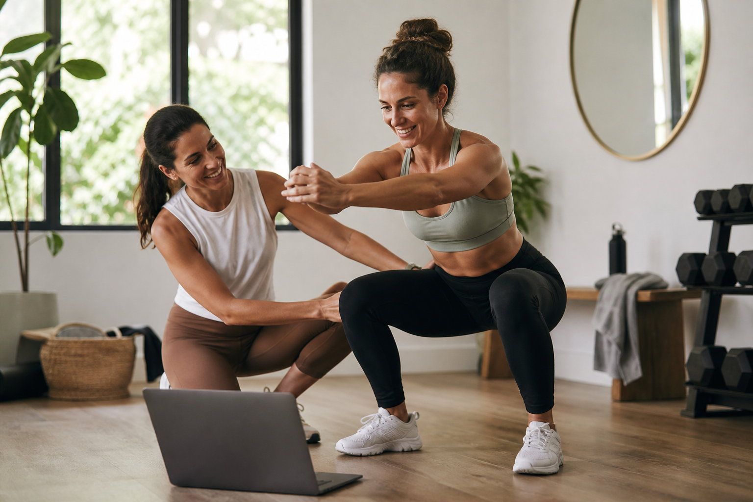 Personal trainer coaching a client through squats on a live video call