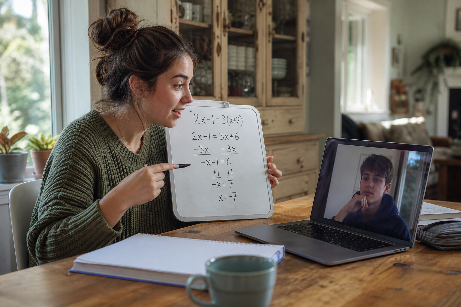 Tutor explaining math on a whiteboard during a live online session